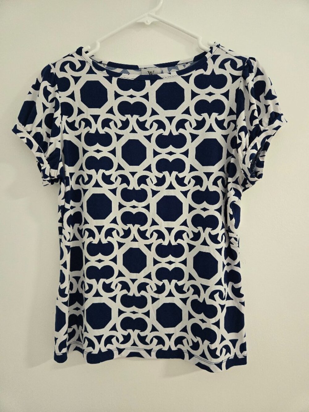 Worthington Women's Petite Blue & White Short Sleeve Large Lightweight Blouse